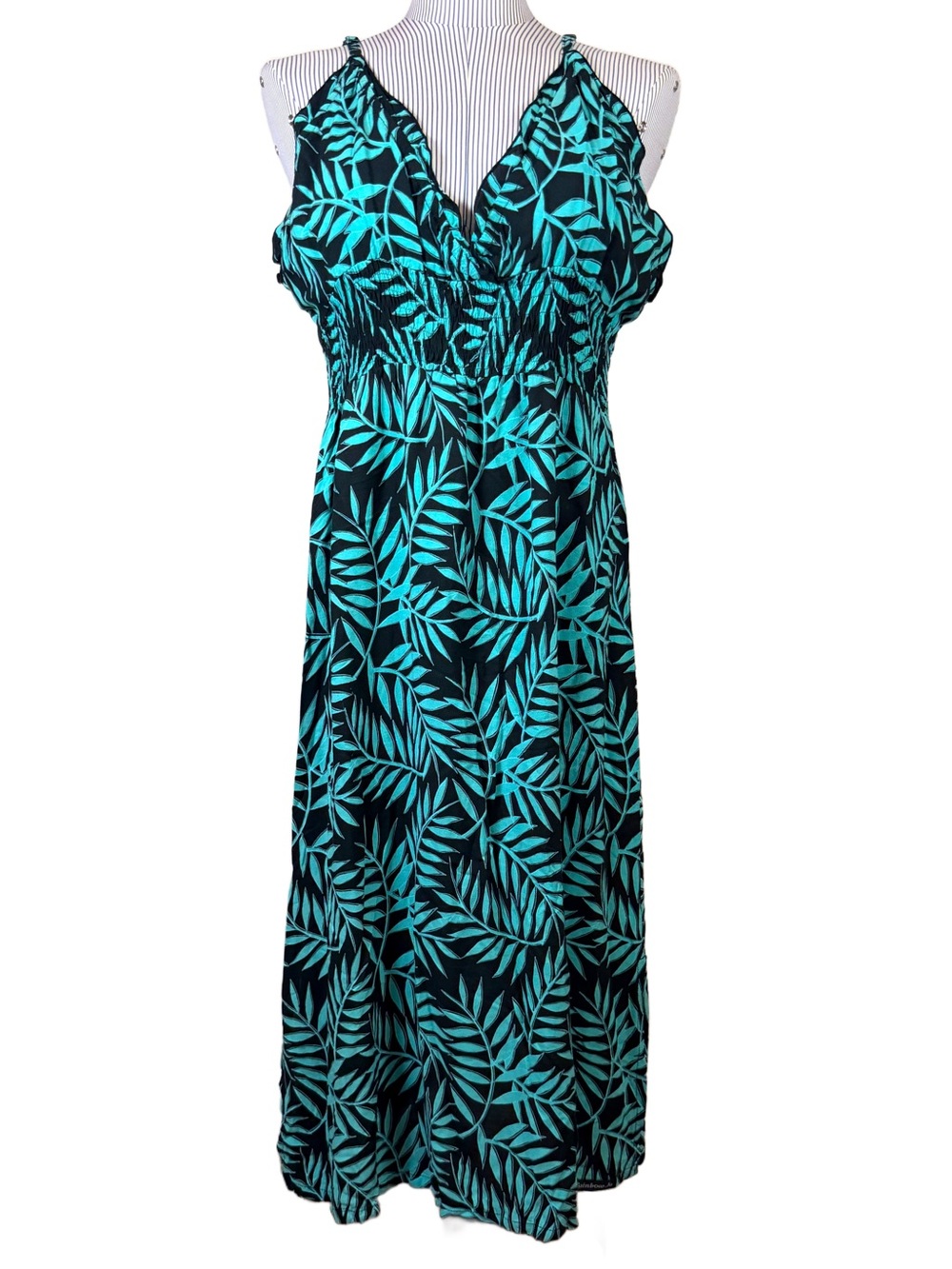 Vintage Rainbow Jo Hawaiian Rayon Maxi Dress Large Black Teal Palm Leaf 90s